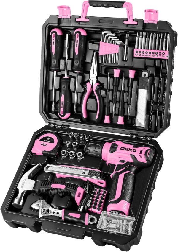 71Atv9whNL._AC_SL1500_.jpg DEKOPRO Drill Set: Tool Set with 8V Pink Cordless Drill, Home Tool Kit with Drill, Hand Tool Kits for Women 126 Piece
