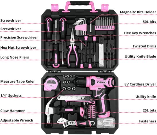 71DCeTtkvFL._AC_SL1500_.jpg DEKOPRO Pink Cordless Drill & Tool Set – 126-Piece Home Tool Kit with 8V Drill for Women