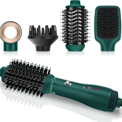 IG INGLAM Hair Dryer Brush, 4-in-1 Detachable Blow Dryer Brush, Ionic Diffuser Hair Dryer & Styler Volumizer with Oval Titanium Barrel, One-Step Hot Air Blowout Styler, Dark Green