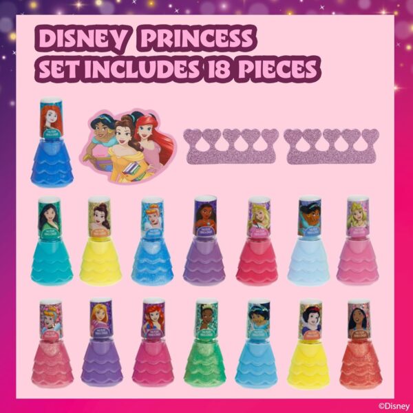 Disney Princess 15-Piece Kids Nail Polish Kit – Water-Based, Quick-Dry, Peel-Off, Non-Toxic Nail Set with Toe Separators for Girls Ages 3+