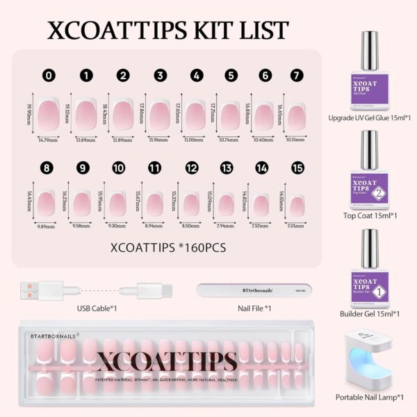 BTArtboxnails XCOATTIPS Gel Nail Kit | Short Square French Tip Press-On Nails with Gel, Nail Lamp & Long-Lasting Salon Finish