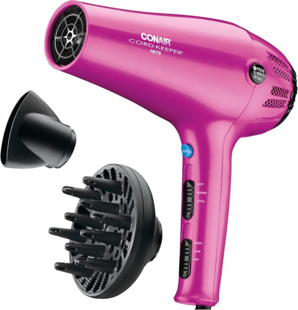 71U2O0XcvL._AC_SL1500_.jpg Conair Hair Dryer with Retractable Cord, 1875W Cord-Keeper Blow Dryer,Pink