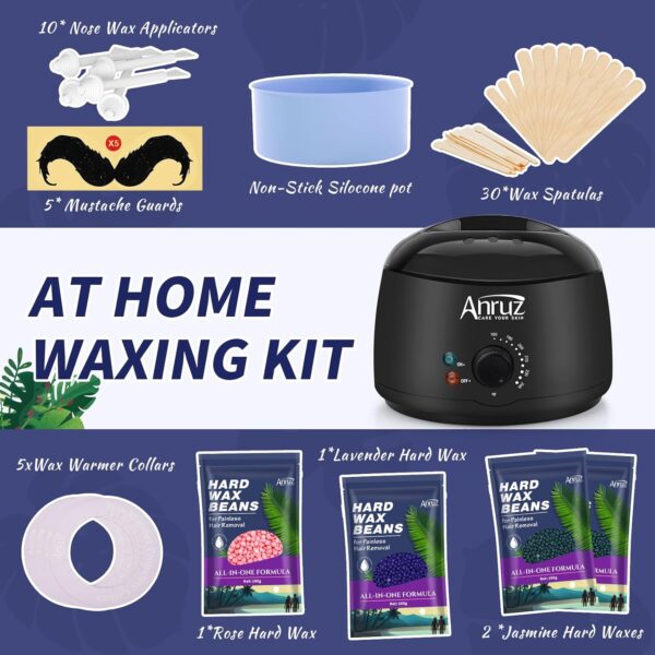 Complete Waxing Kit for Women & Men – Wax Warmer with 4 Natural Hard Wax Beads, Silicone Bowl & 30 Applicator Sticks