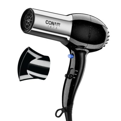 Conair Hair Dryer, 1875W Full-Size Hair Dryer with Ionic Conditioning, Blow Dryer, Tourmaline Ceramic Technology for Quick Drying, Black/Chrome