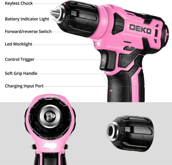 71b9IpbBdRL._AC_SL1500_.jpg DEKOPRO Pink Cordless Drill & Tool Set – 126-Piece Home Tool Kit with 8V Drill for Women