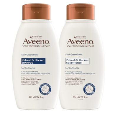 71bvqprALiL._SL1500_.jpg Aveeno Fresh Greens Shampoo and Conditioner Set, Sulfate Free, Clarifying & Volumizing for Thin or Fine Hair, Rosemary Peppermint Cucumber Nourish & Thicken, Color Safe Paraben Free, 12 Fl Oz, 2 Count