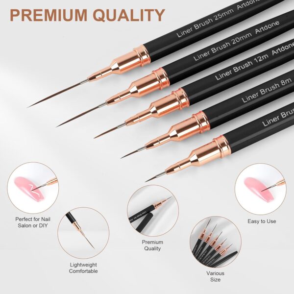 Artdone 5-Piece Nail Art Liner Brush Set – Fine Detail Pens for Nail Design, Long Lines & Precision