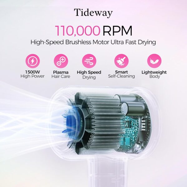 Tideway Professional Ionic Hair Dryer – High-Speed 110,000 RPM Brushless Motor, Lightweight Travel Blow Dryer with Plasma Frizz Control & Smart Temperature