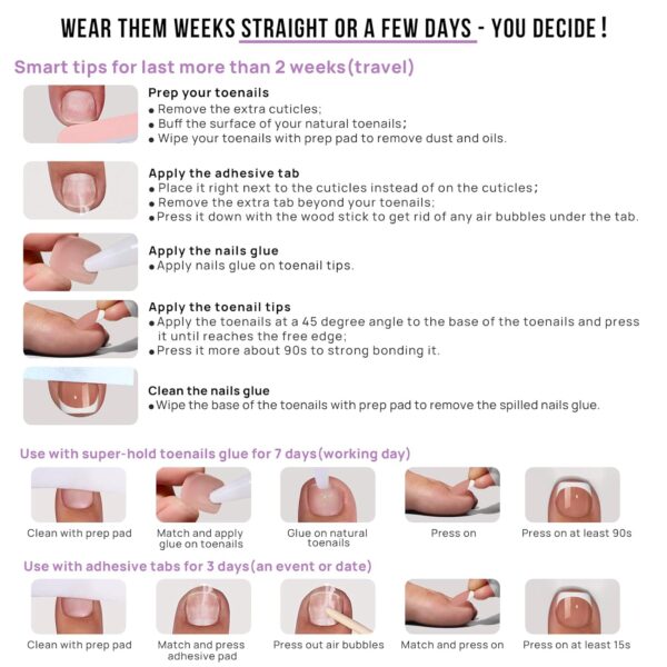 BTArtbox French Tip Press On Toenails – 32pcs White Square Gel Toe Nail Kit with Glue, Natural-Looking Pedicure for Women