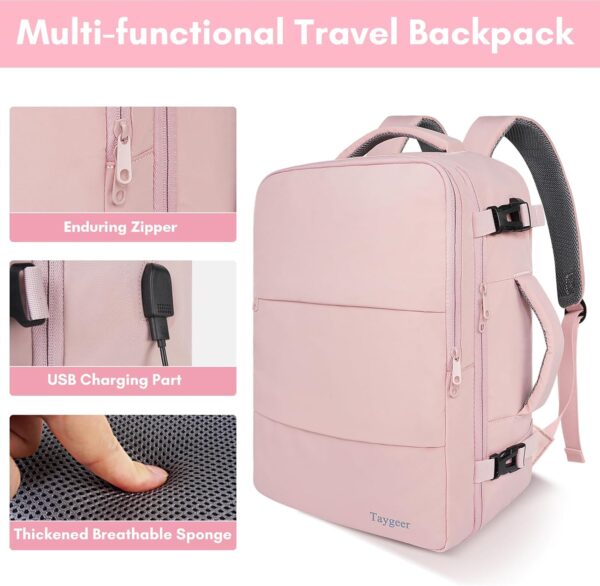 Taygeer Travel Backpack for Women – Carry-On Laptop Backpack with USB Charging Port & Shoe Compartment, Pink