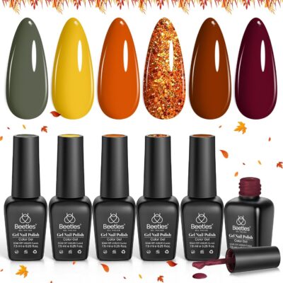 Beetles Fall Gel Nail Polish Set 6Pcs Brown Green Yellow Burgundy Orange Glitter Gel Polish Nails Art Soak off Uv LED Manicure Gift Set Golden Season Collection 2025 Nail Trend Gift for Women