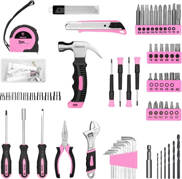 71oPLNn-mpL._AC_SL1500_.jpg DEKOPRO Pink Cordless Drill & Tool Set – 126-Piece Home Tool Kit with 8V Drill for Women