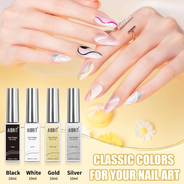 71pUVJb48UL._SL1500_.jpg AIBRIT 4-Color Gel Liner Nail Polish Set – Black, White, Gold & Silver with Fine Brush