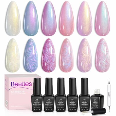 71su9apNlHL._SL1500_.jpg Beetles Pearl Gel Nail Polish, 6 Colors Shimmer Pearl White Pink Purple Mermaid Nail Drawing Gel Polish Soak Off Uv Gel Polish Swirl Shell Thread Effect DIY Manicure Gift for Women