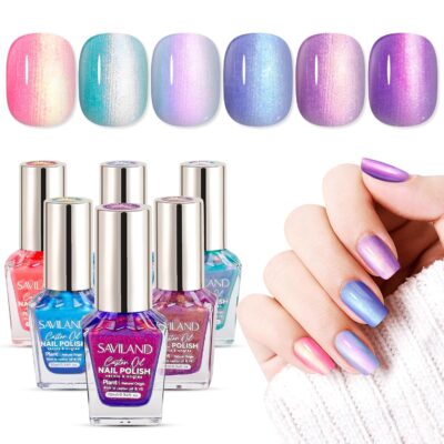 SAVILAND 6pcs Ombre Nail Polish Sets: Charm Pink Blue Gold Purple Pearl Summer Fingernail Polish Colors Air Quick Dry Nail Polish Plant-base Castor Oil Natural Nail Lacquer Women Home Manicure DIY