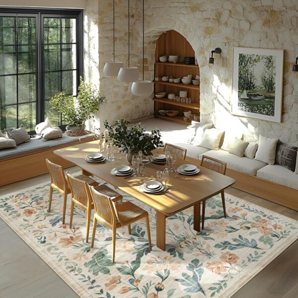 8x10 Washable Area Rug – Soft Boho Floral Living Room, Bedroom & Nursery Rug, Non-Skid, Low-Pile Carpet, Neutral Beige Indoor Floor Mat