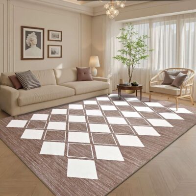 5x8 Washable Area Rug for Bedroom Living Room, Checkered Rug Non-Slip Fuzzy Fluffy, Indoor Modern Carpe for Home Aesthetic Decor(Beige and White)