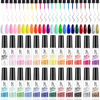 SXC Cosmetics 24-Color Gel Liner Set for Nail Art - With Built-in Thin Brush for Swirl Nail Designs and Soak-Off Gel Polish