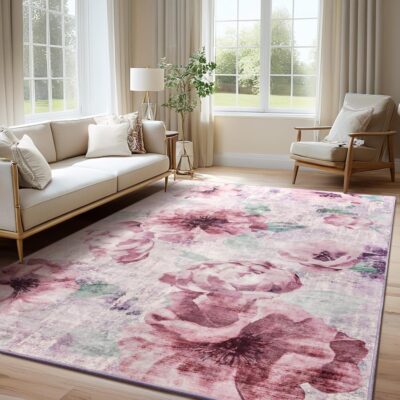 Comeet Floral 5x7 Low Pile Washable Rug Living Room Area Rug, Boho Large Non Slip Soft Carpet for Bedroom, Indoor Stain Resistant Rug Throw Rugs for Kids Girls Dining Room Nursery Purple
