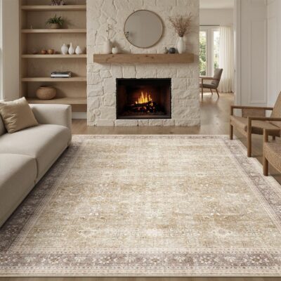 DCX Machine Washable Brown and Beige Area Rug 9x12, Non Slip Stain Resistant Vintage Rug for Living Room Bedroom Nursery, Soft Low Pile Large Carpet