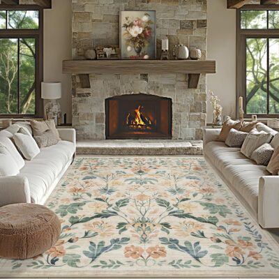 81KtdRUyqPL._AC_SL1500_.jpg 8x10 Area Rugs Washable Rug: Lagre Boho Living Room Rug Soft Anti-Skid Thin Carpet Indoor Floor Non-Shedding Neutral Floral Carpets for Bedroom Dining Room Farmhouse Nursery Beige