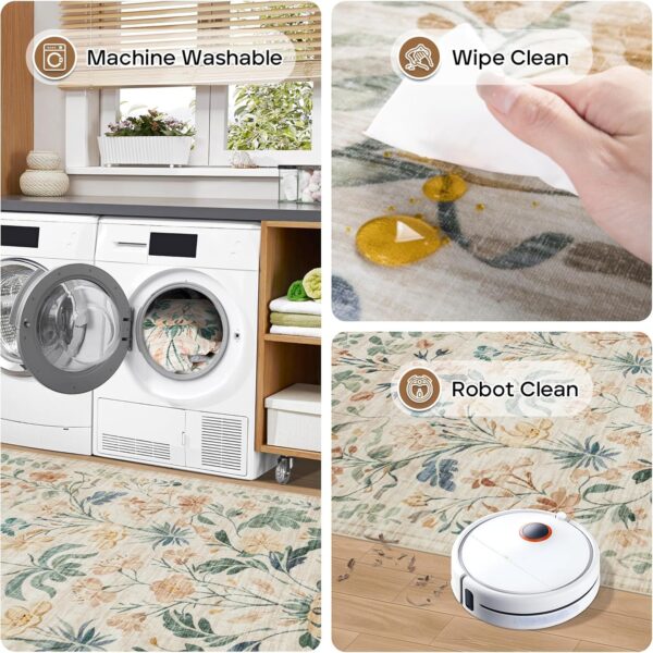 8x10 Washable Area Rug – Soft Boho Floral Living Room, Bedroom & Nursery Rug, Non-Skid, Low-Pile Carpet, Neutral Beige Indoor Floor Mat