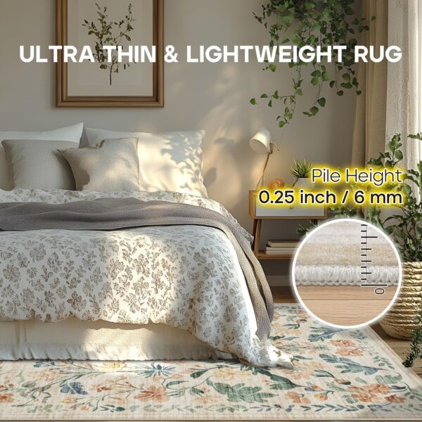 8x10 Washable Area Rug – Soft Boho Floral Living Room, Bedroom & Nursery Rug, Non-Skid, Low-Pile Carpet, Neutral Beige Indoor Floor Mat