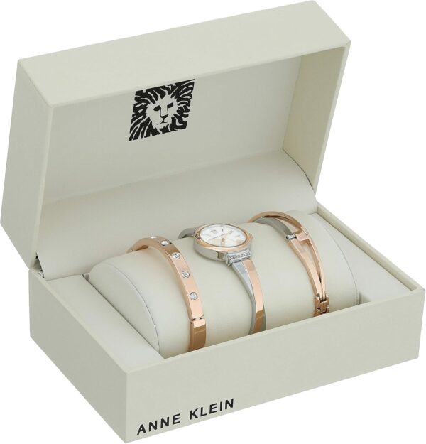 Anne Klein Women’s Crystal Bangle Watch Set – Mother of Pearl Dial with Two Elegant Bracelets
