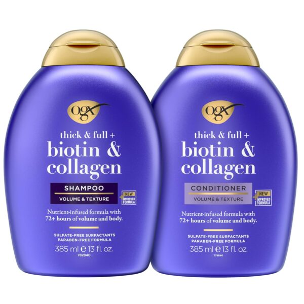 OGX Biotin & Collagen Hair Volumizing Shampoo & Conditioner Set – Sulfate-Free, Strengthens Fine & Thinning Hair, 2-Pack 13 fl oz