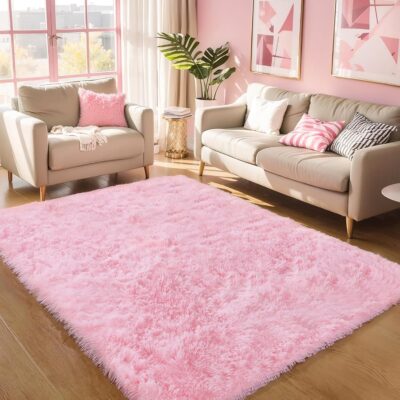Pink Fluffy 4x6 Area Rugs for Bedoom Girls, Soft Washable Fuzzy Furry Shag Rug for Kids Room, Nursery, Dorm Decor, Cute Plush Carpet for Baby Toddler