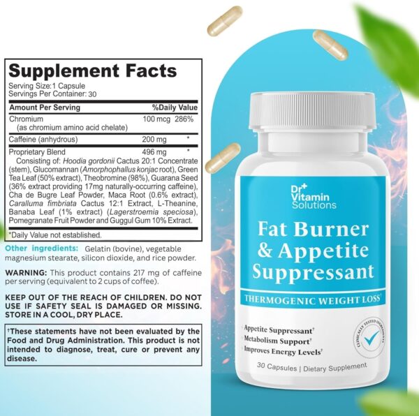DR VITAMIN SOLUTIONS Fat Burner & Appetite Suppressant for Women & Men | Thermogenic Weight Loss Pills with Green Tea, Chromium & Caffeine | Boost Metabolism & Control Cravings – 30 Capsules