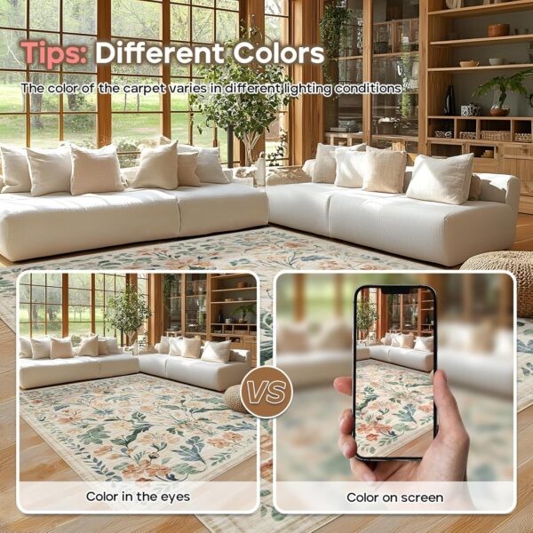 8x10 Washable Area Rug – Soft Boho Floral Living Room, Bedroom & Nursery Rug, Non-Skid, Low-Pile Carpet, Neutral Beige Indoor Floor Mat