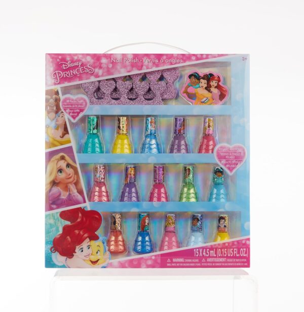 Disney Princess 15-Piece Kids Nail Polish Kit – Water-Based, Quick-Dry, Peel-Off, Non-Toxic Nail Set with Toe Separators for Girls Ages 3+