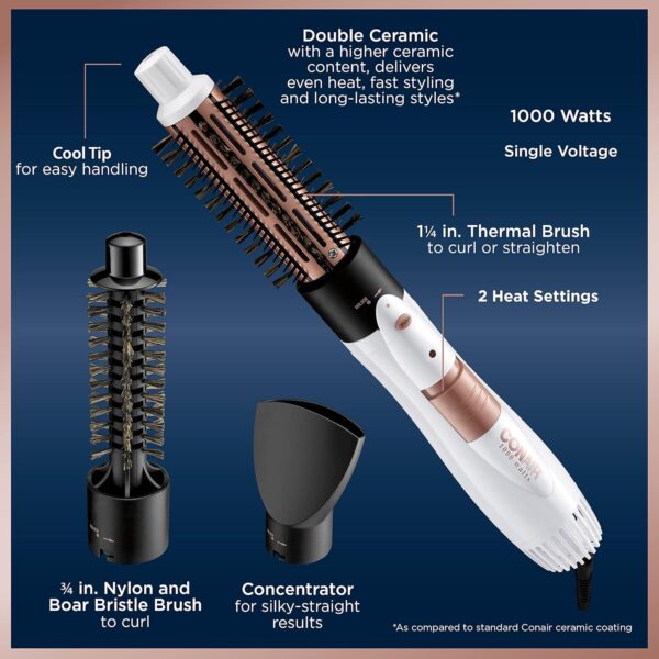 Conair Double Ceramic 3-in-1 Hot Air Brush – 1000W Styling Kit with Thermal & Boar Bristle Attachments