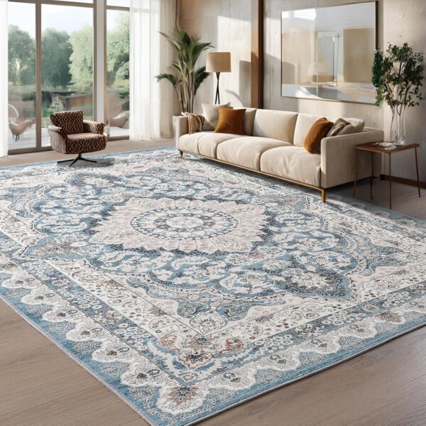 Foxmas 6x9 Machine Washable Area Rug – Vintage Low Pile Non-Slip Carpet for Living Room, Bedroom, Kitchen, Dining Room, Blue