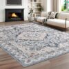 Foxmas 6x9 Machine Washable Area Rug – Vintage Low Pile Non-Slip Carpet for Living Room, Bedroom, Kitchen, Dining Room, Blue