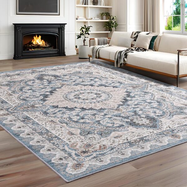 Foxmas 6x9 Machine Washable Area Rug – Vintage Low Pile Non-Slip Carpet for Living Room, Bedroom, Kitchen, Dining Room, Blue