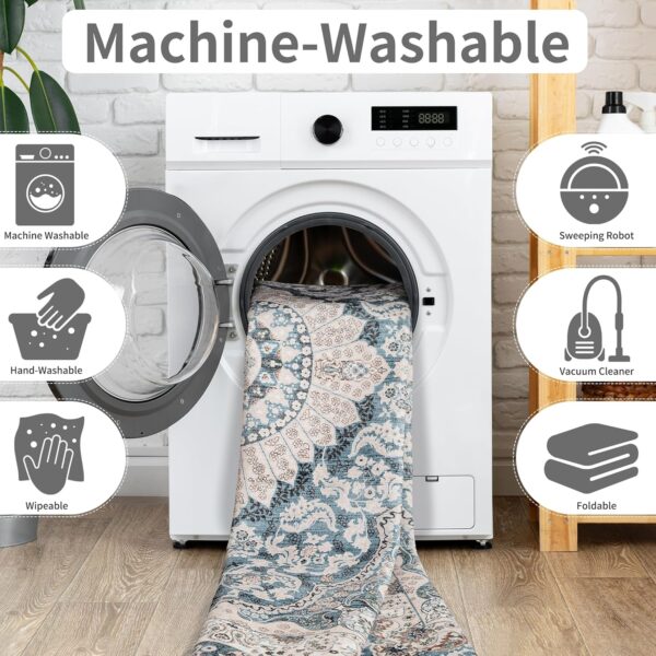 Foxmas 6x9 Machine Washable Area Rug – Vintage Low Pile Non-Slip Carpet for Living Room, Bedroom, Kitchen, Dining Room, Blue