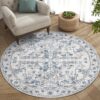jinchan Round Rug 5ft Vintage Machine Washable Area Rug Kitchen Indoor Circle 5' Ultra-Thin Non-Slip Floral Print Carpet for Farmhouse Entryway Dining Room Living Room Bedroom Office (5'Round,Blue)