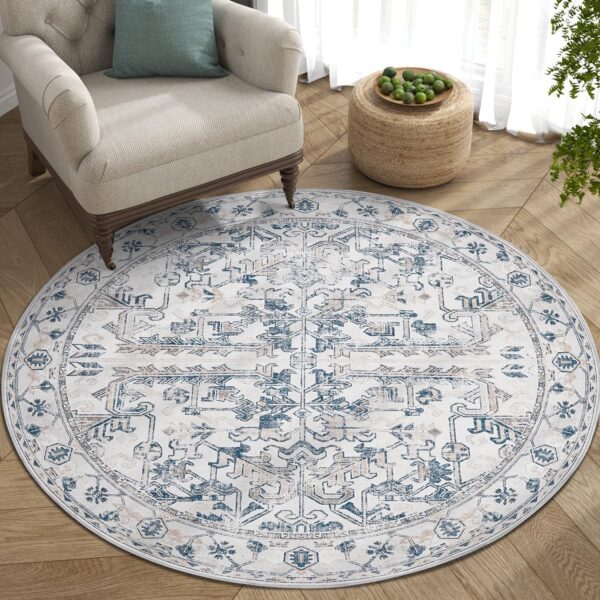 jinchan Round Rug 5ft Vintage Machine Washable Area Rug Kitchen Indoor Circle 5' Ultra-Thin Non-Slip Floral Print Carpet for Farmhouse Entryway Dining Room Living Room Bedroom Office (5'Round,Blue)
