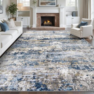 Area Rugs 8x10 for Living Room: Washable Rug Modern Abstract Neutral Soft Non-Slip Low-Pile Indoor Large Carpet for Bedroom Dining Room Playroom Home Office (Blue Grey Brown, 8'x10')
