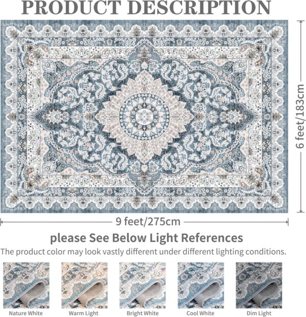 Foxmas 6x9 Machine Washable Area Rug – Vintage Low Pile Non-Slip Carpet for Living Room, Bedroom, Kitchen, Dining Room, Blue